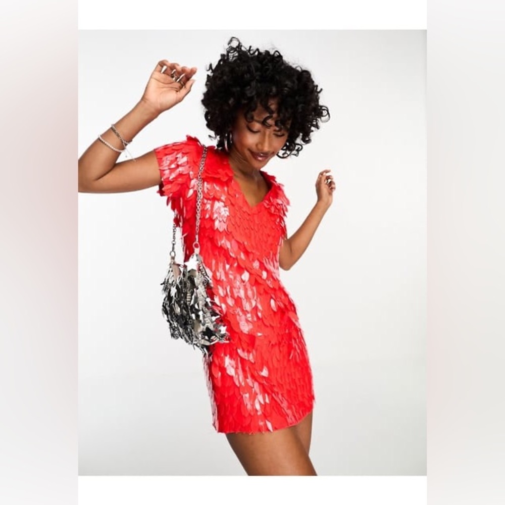 ASOS Luxe All Over Feather Embellished Red Cocktail Mini Dress Size 12 NWT
